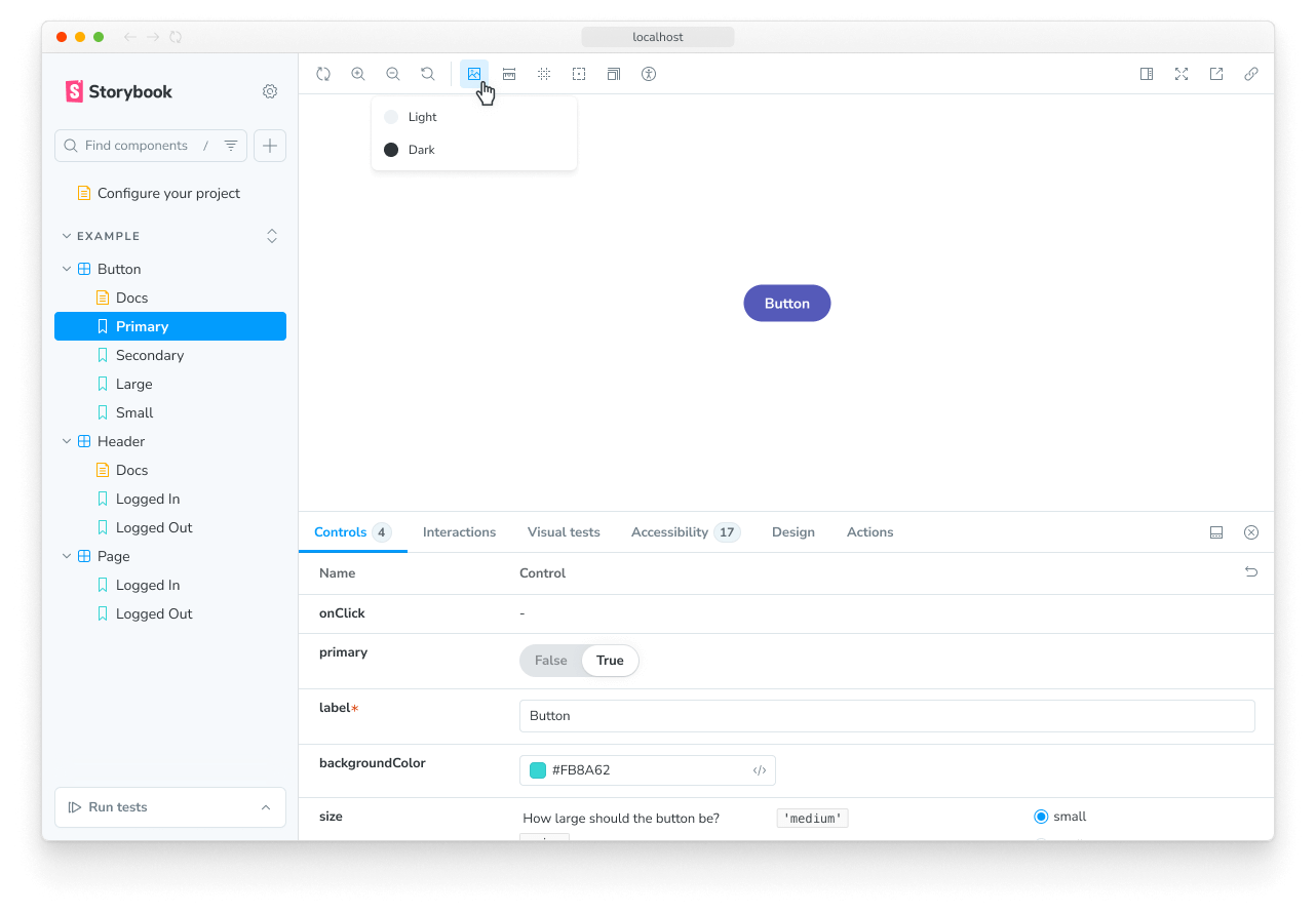 Storybook with available backgrounds visible