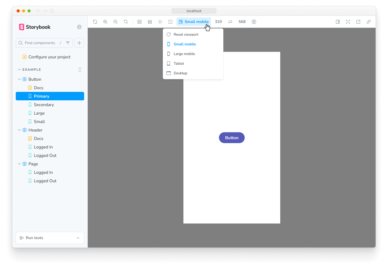 Storybook with default viewports visible