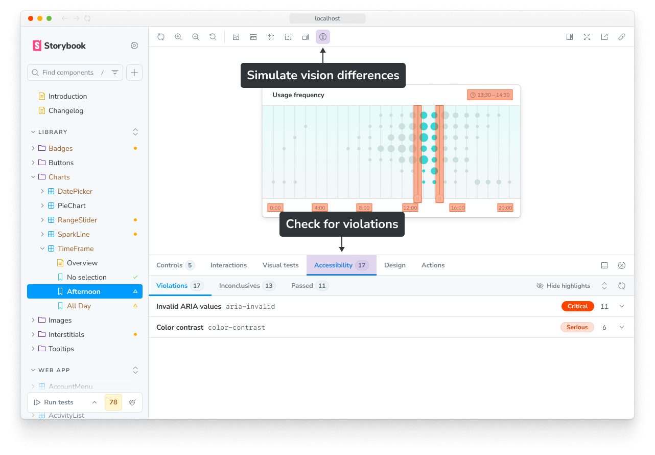 Storybook UI with accessibility features annotated