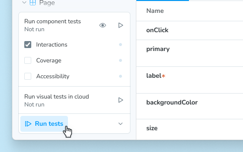 Screenshot of testing widget, expanded, with the Run tests button highlighted