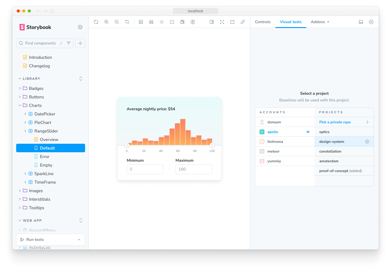 Visual Tests addon project selection